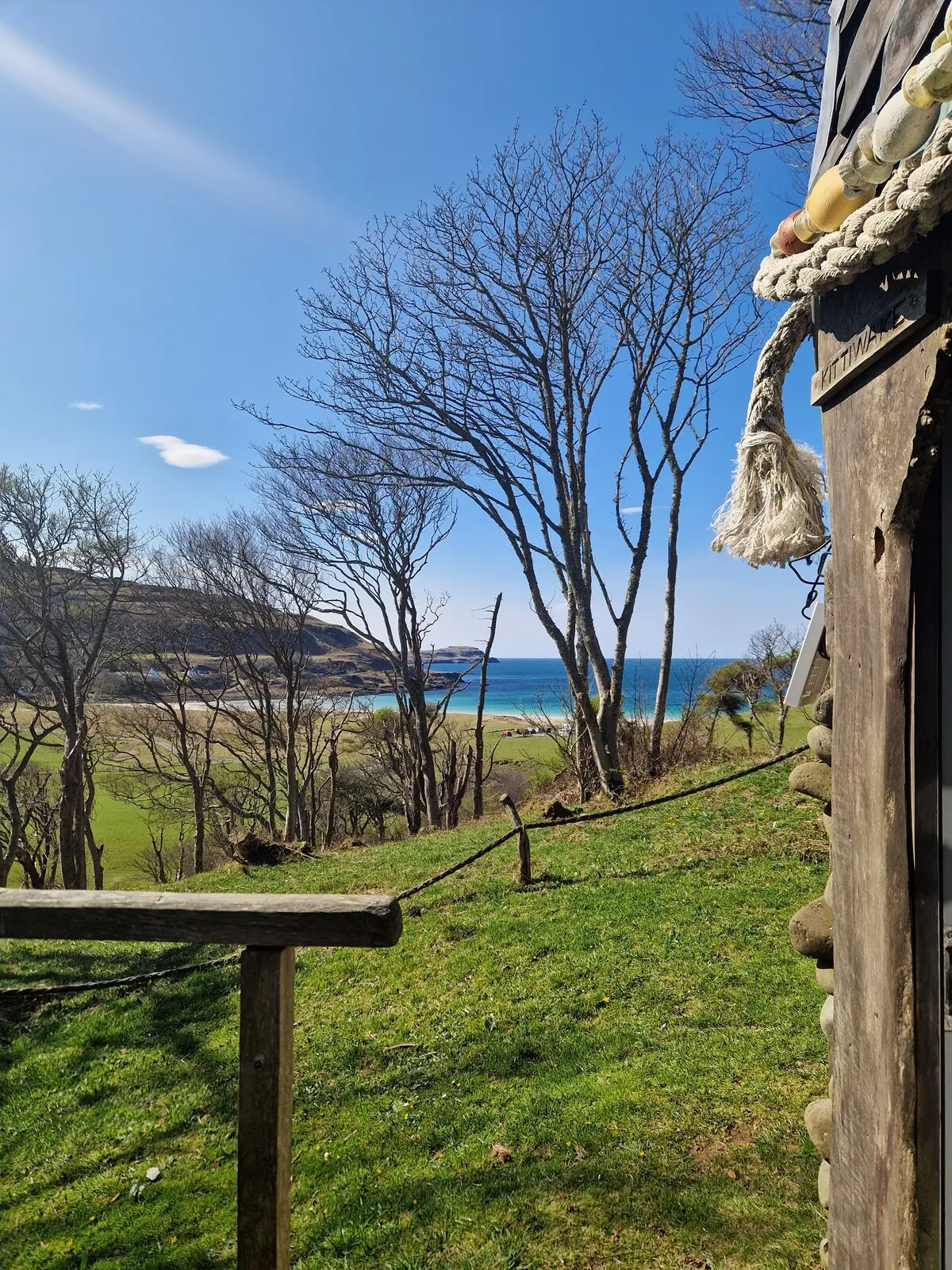 Looking past the decking railing through bare trees toward Calgary Bay and the sea
