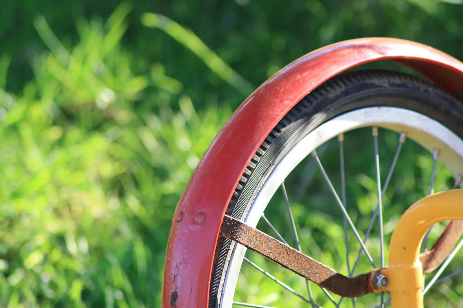 A rusty red bicycle wheel against long grass — one of the art installations on the sculpture walk
